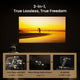 Projector displaying a sunset scene with technical features highlighted below.