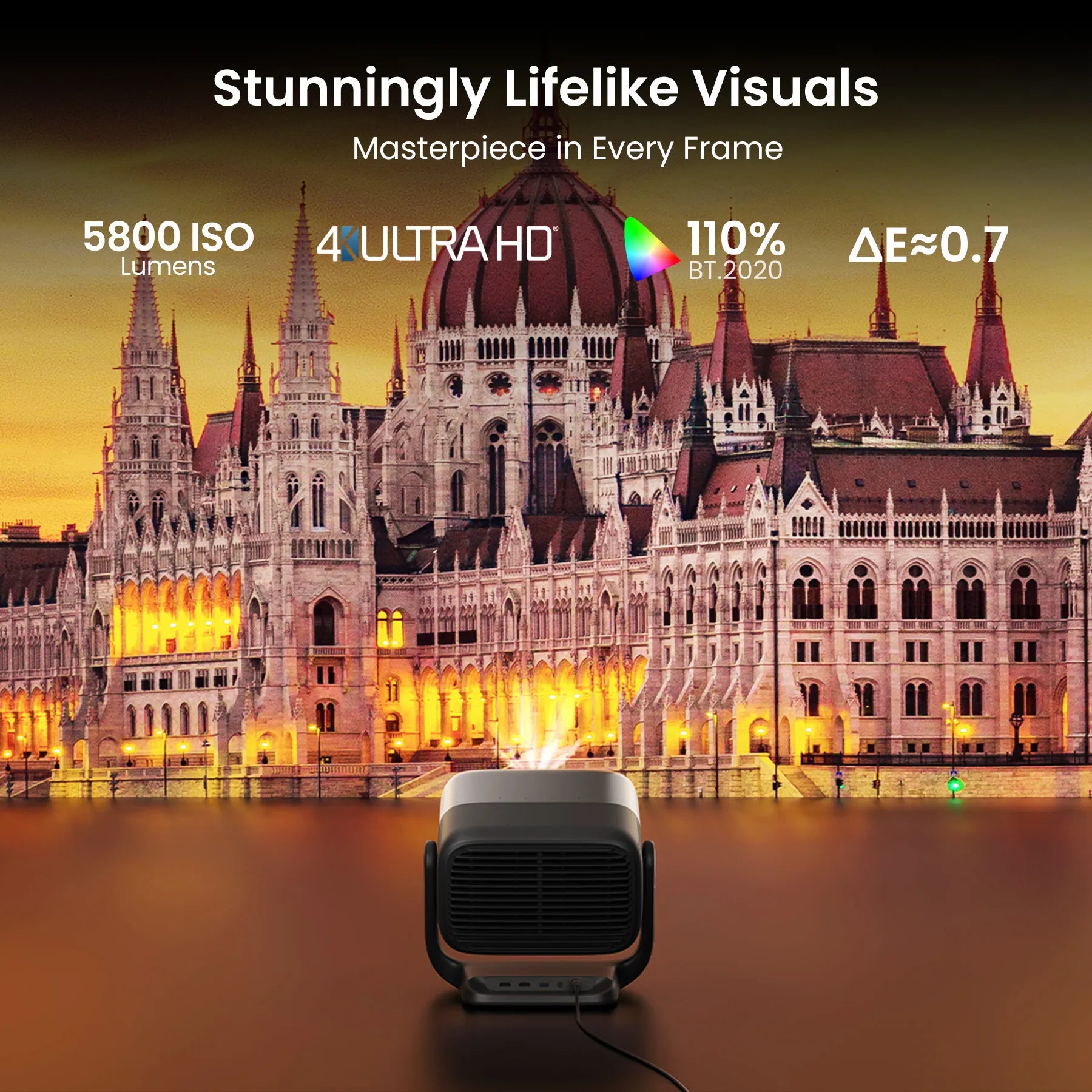 Projector displaying a detailed image of a historic building with technical specifications on screen.