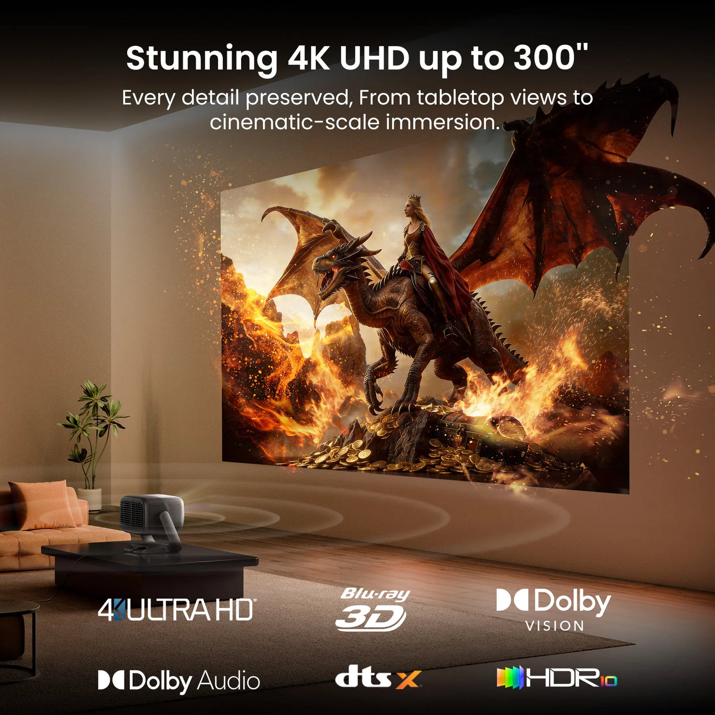 Large screen displaying a dragon and warrior scene with 4K UHD branding in a living room.
