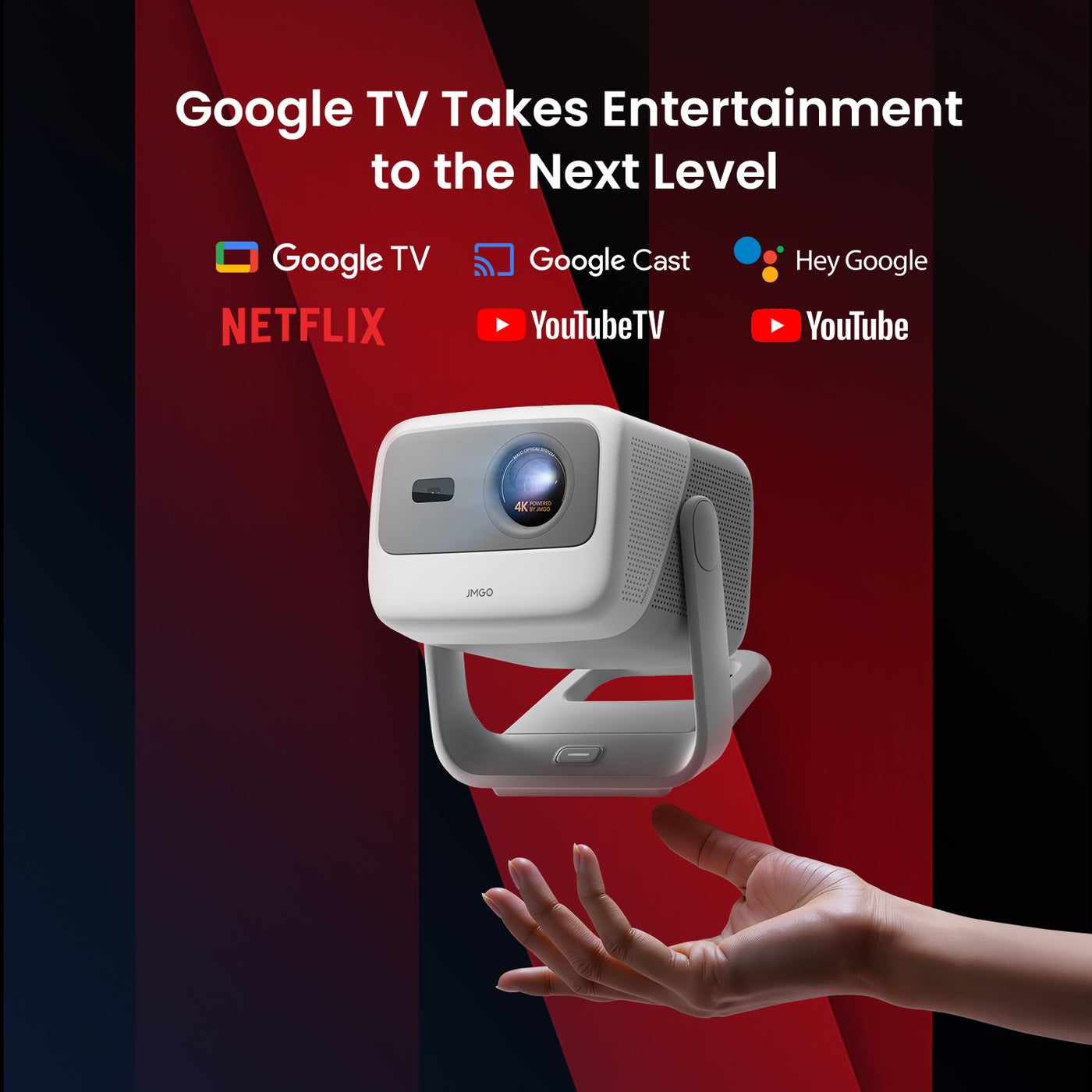 Mini 4K Projector held in a hand with Google TV and streaming service logos on a red and black background