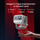 Mini 4K Projector held in a hand with Google TV and streaming service logos on a red and black background