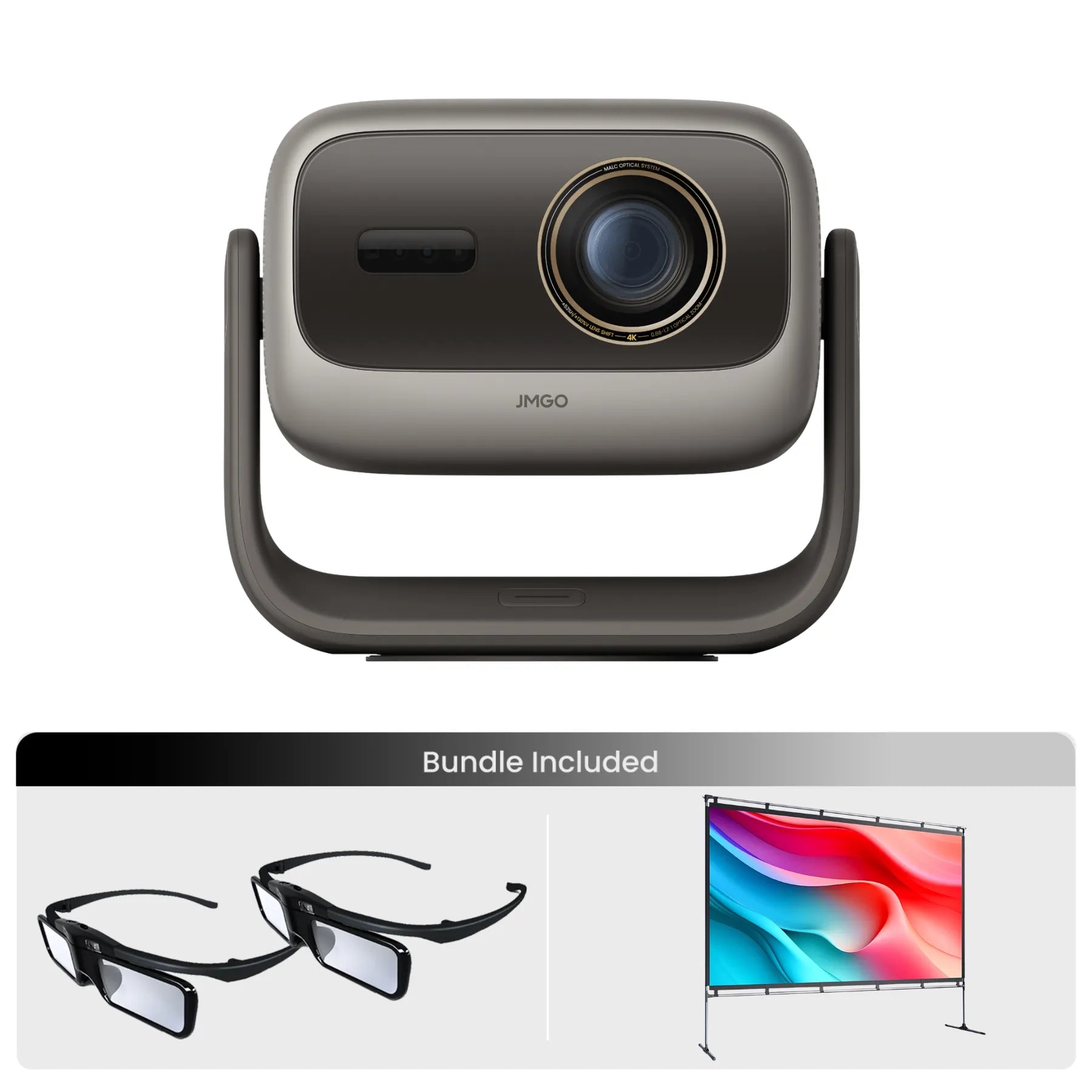 Portable projector with 3D glasses and screen included on a white background