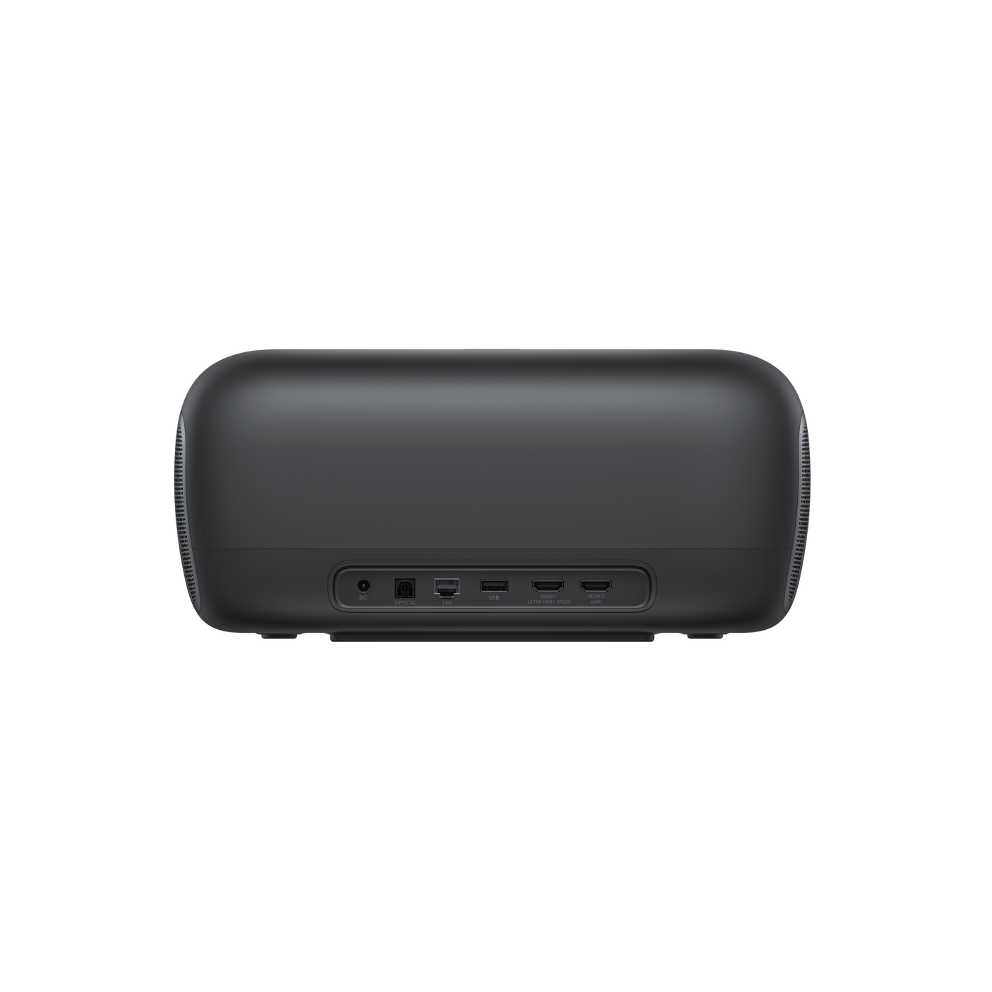 JMGO O2S Ultra 4K ultra short throw projector back view showing multiple connectivity ports including HDMI and USB
