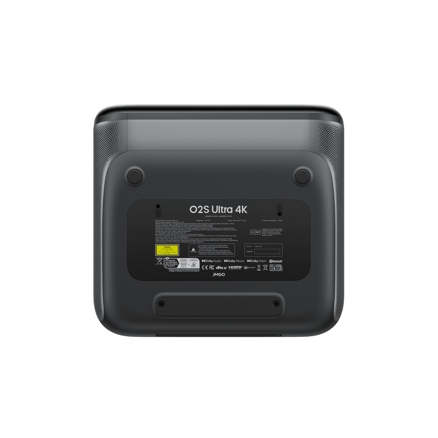JMGO O2S Ultra 4K ultra short throw projector bottom view showing product information